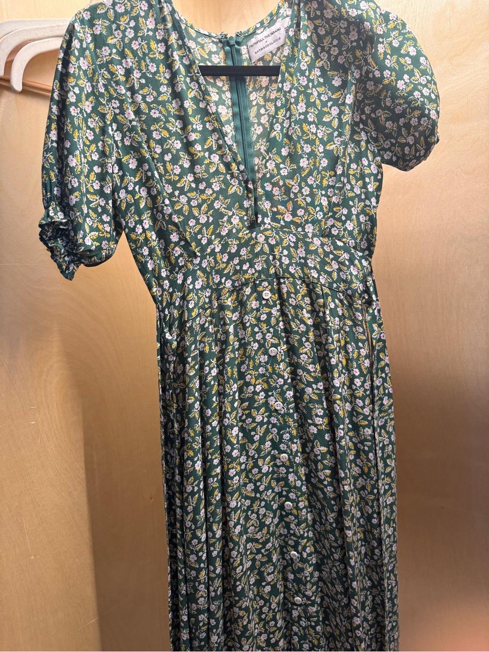 Anthropologie Green Floral V-Neck Midi Dress with Puff Sleeves